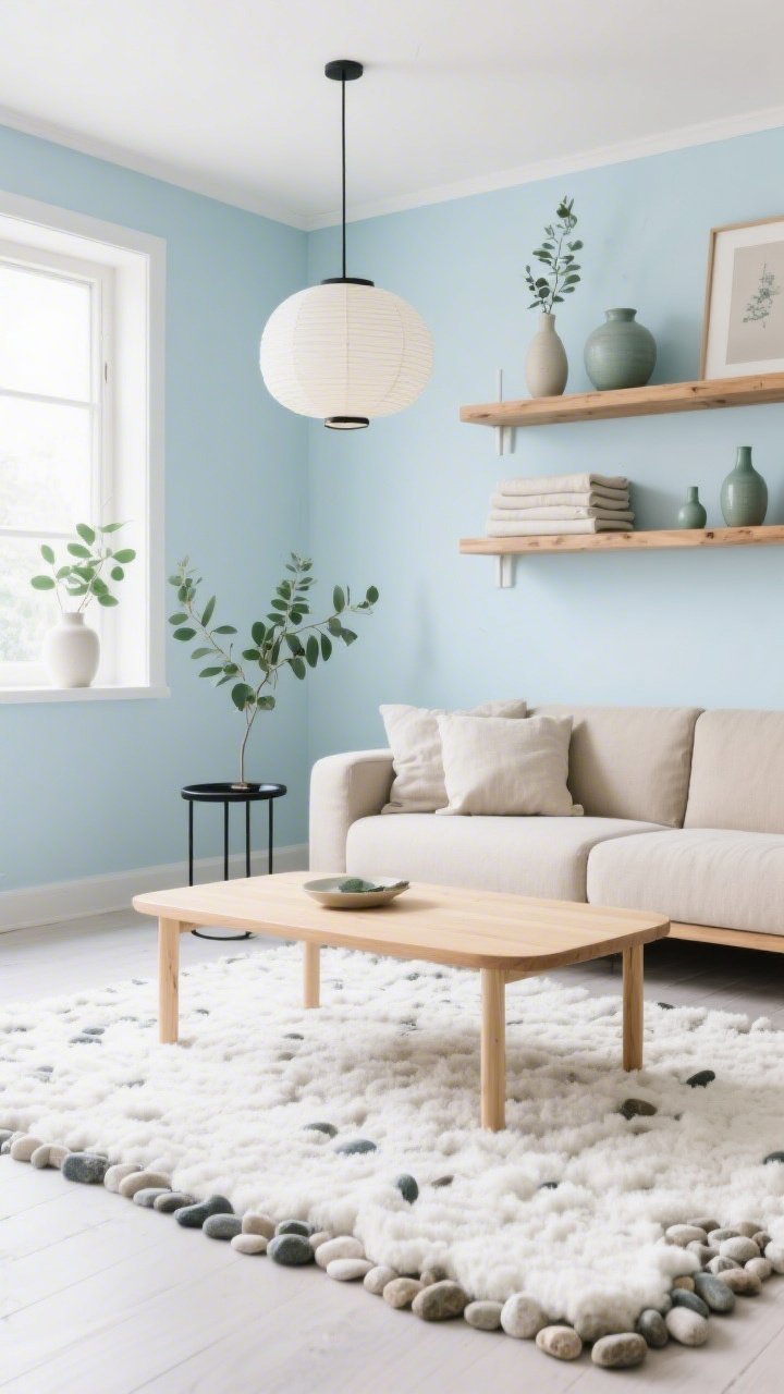 Medium-wide Scandinavian scene: a pebble-textured off-white rug that looks cloud-soft beneath a blonde wood coffee table and a modular sofa in taupe or cream. Floating oak shelves with simple ceramic vases and stacked linen cushions. Palette whispers of soft sky blue and eucalyptus green through minimal accents. A paper lantern pendant overhead. One thin black metal side table provides crisp contrast. Clean, bright northern light, photorealistic.