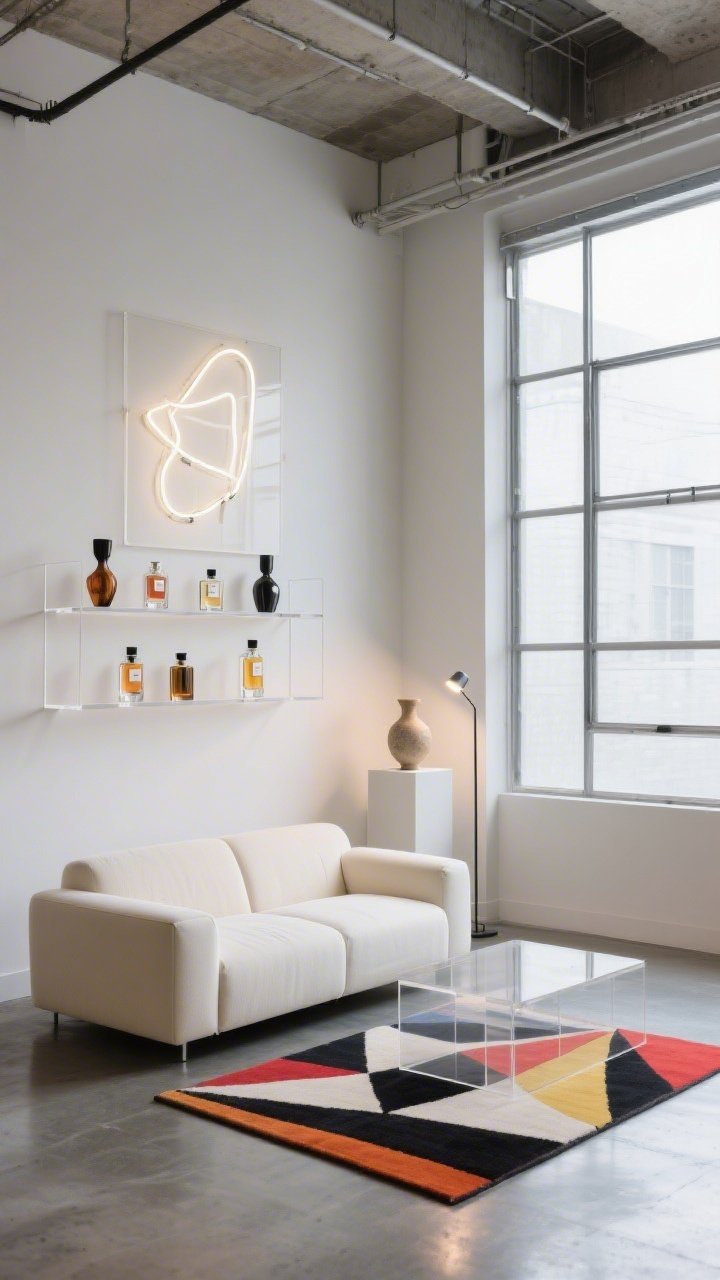 Medium-wide shot, Contemporary Art Loft Vignette: Open-plan loft corner with polished concrete floors, high ceilings, and a steel-framed window wall casting soft daylight. A modular low sofa in bone white faces away; a bold geometric rug introduces primary color accents. The focal point is an acrylic floating perfume shelf that nearly disappears, showcasing sculptural perfume bottles as art. Above, a subtle neon line-art piece glows; nearby, a plinth pedestal displays a single ceramic form. A tiny motion-sensor spotlight angles to give the bottles crisp museum lighting. Palette: bone white, graphite, primary accents, clear acrylic. Clean, gallery-like feel from a corner perspective.