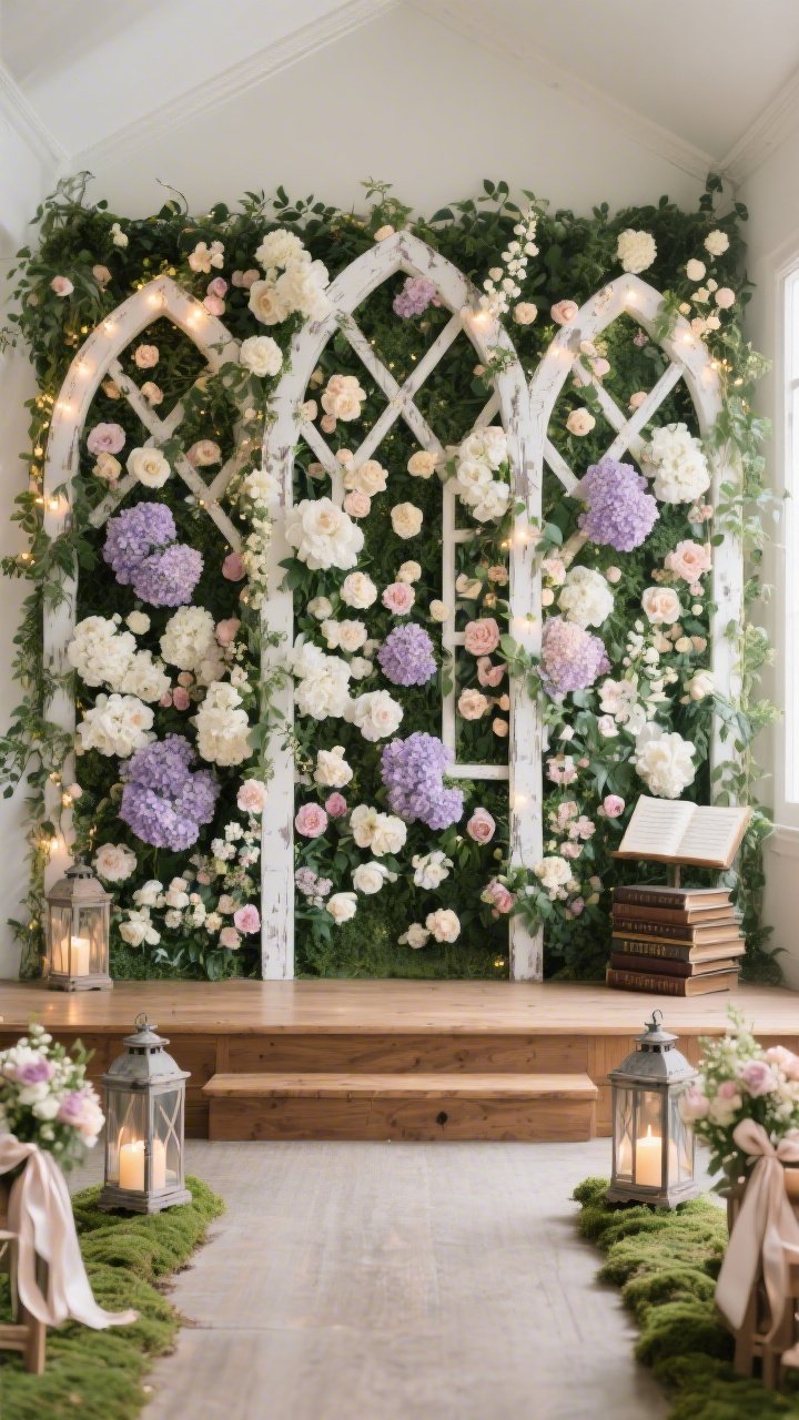 Medium-wide, straight-on “Garden Chapel Blossom Wall”: a lush floral feature wall of high-quality faux blooms in whites, creams, blush, and soft lilac—hydrangeas, peonies, and ranunculus—interwoven with trailing ivy. Asymmetrically arranged distressed-white arched trellis frames create movement. Micro-LED fairy lights are tucked within, giving a soft shimmer. Stage deck features natural wood risers with mossy runners along the edge. Vintage lanterns with flameless candles and stacked hymnals act as petite pedestals. At aisle ends, small floral clusters tied with silk ribbon. Romantic, joyful, instantly photogenic, photorealistic.