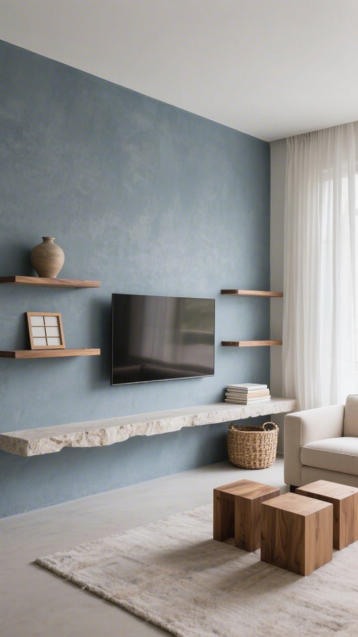 Medium-wide straight-on media wall: A misty blue-gray matte accent wall with a wide, low honed-limestone stone plinth shelf floating beneath a TV; flanking the screen are two ultra-slim oak shelves; shelves hold a hand-thrown vase, a small shoji-inspired frame, and a stack of pale linen-covered books; cloudy-beige sectional with clean lines opposite nesting ash-wood cube tables; woven seagrass storage basket nearby; sheer off-white linen curtains filtering daylight; the stone shelf forming a calm horizon line; restrained, airy mood; photorealistic.