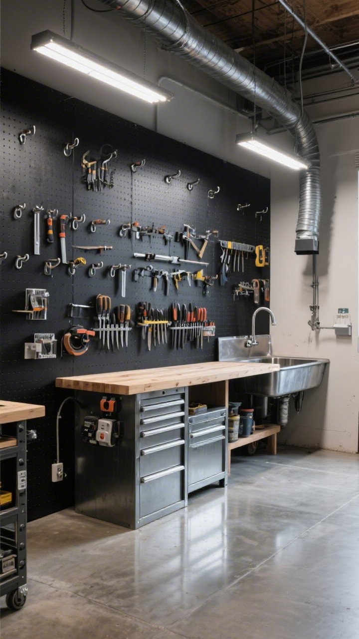 Medium-wide workshop view, photorealistic: An industrial workhorse space with sealed polished concrete floors reflecting overhead high-CRI shop lights. A dramatic full-height black pegboard wall is densely organized with steel hooks, magnetic strips, and shadow outlines for each tool. A chunky laminated birch workbench with a metal apron and integrated power strip sits center-left; beneath it, lockable metal drawers store sharp tools and resins. To one side, a deep galvanized utility sink awaits messy cleanups, with a wall-mounted fume extractor nearby. Color palette: charcoal, natural birch, matte steel; crisp, accurate task lighting.