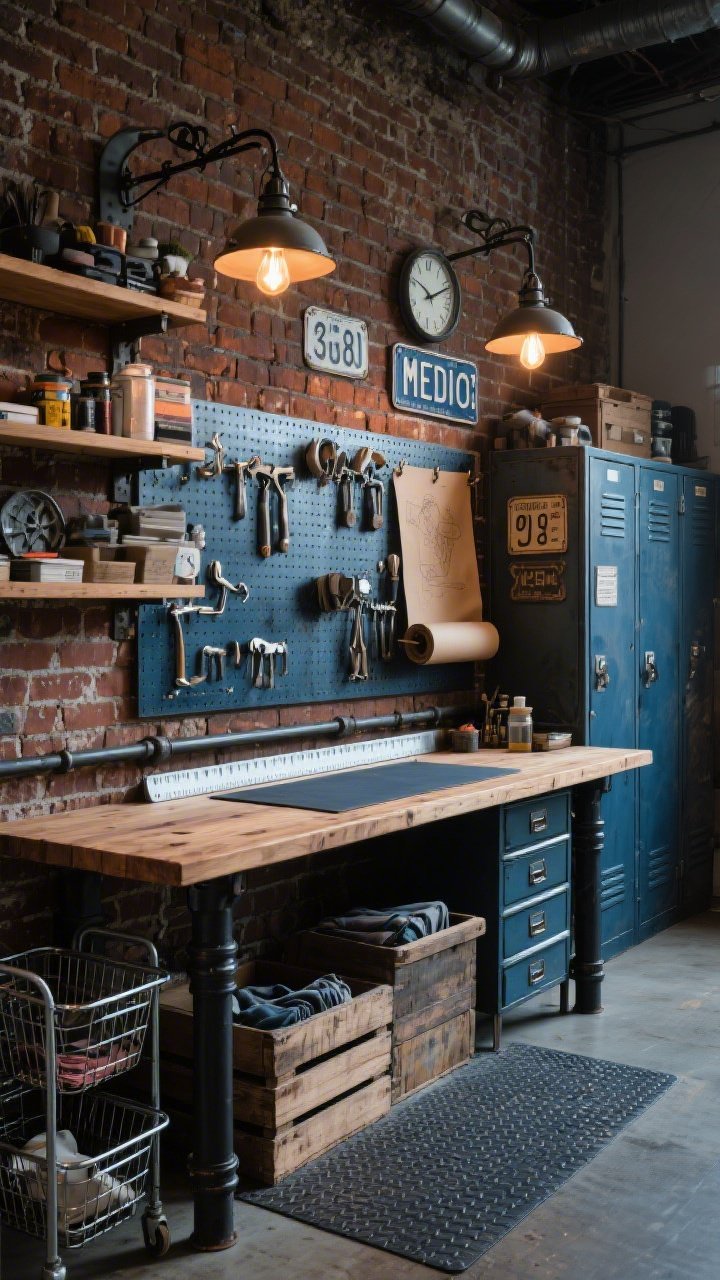 Medium workshop shot: An industrial upcycler’s workspace with exposed brick (or convincing faux brick) and a butcher-block workbench on black pipe legs; metal utility shelves and rolling wire baskets loaded with supplies; a moody palette of ink blue accents, rust tones, and weathered wood; clamp lights with Edison bulbs casting warm pools of light; a steel pegboard with brushed nickel hooks holding heavy-duty tools; vintage locker cabinets, apothecary drawers for hardware, reclaimed crates for fabric; self-healing mat embedded in the bench, metal ruler rail, wall-mounted kraft paper roll for sketches; enamel number plates, repurposed factory clock, and a rubber-backed anti-fatigue mat underfoot; rugged, efficient, photorealistic.