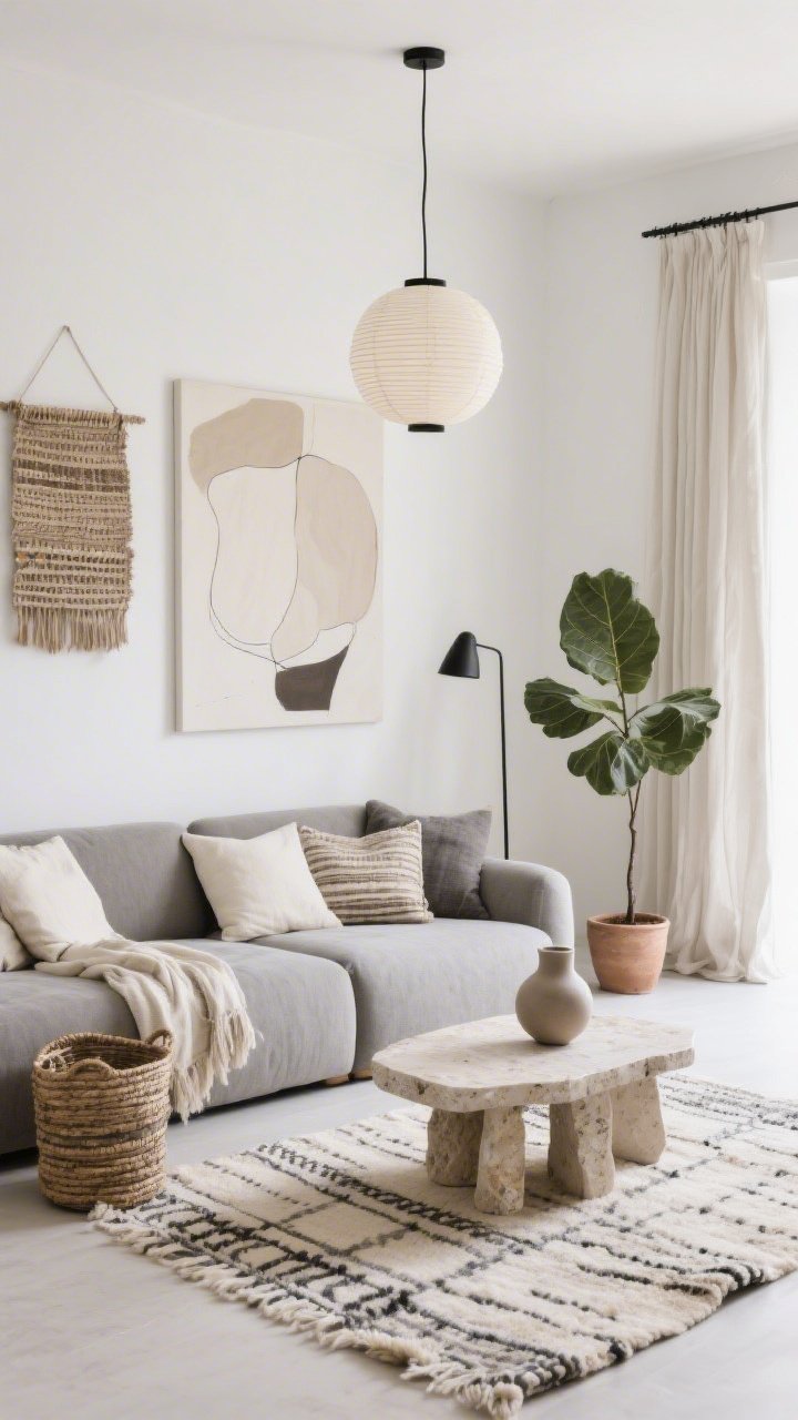 Minimal Organic Boho medium shot: plaster-white walls, a low modular sofa in pebble gray with a tight edit of neutral textiles—cream, taupe, soft charcoal—showing subtle woven patterns; a single oversized wool Berber rug under a travertine coffee table with sculptural ceramics; one large-scale abstract canvas and a single woven wall piece for dimension; linen floor-length curtains, minimal baskets tucked neatly; paper lantern pendant overhead and a slim black floor lamp; a sculptural fiddle-leaf fig in a simple clay pot; soothing, modern, photorealistic.