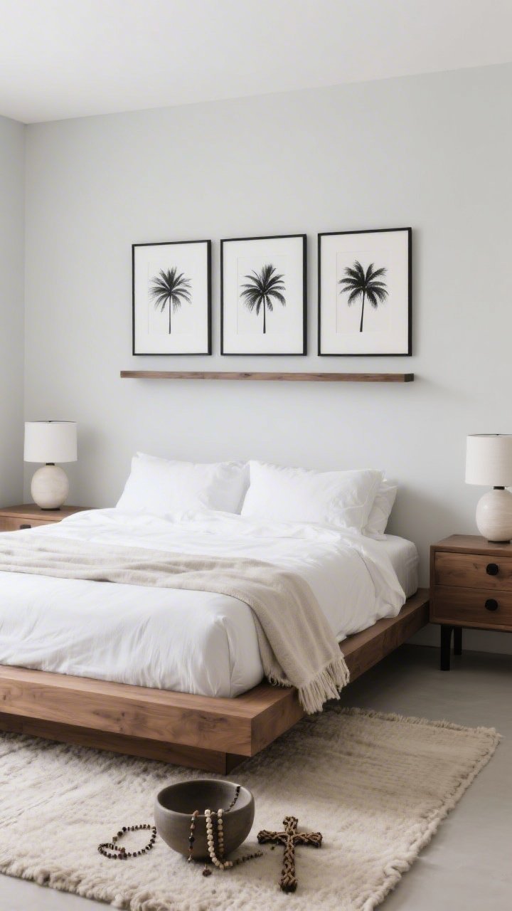 Modern sacred minimal bedroom, serene and uncluttered: wide shot of a low-profile oak platform bed with crisp white bedding against pale putty-gray walls; above the headboard, a trio of black-and-white palm silhouette prints in thin black frames; slim floating shelves as nightstands with alabaster lamps casting diffused light; oatmeal wool area rug and a light linen throw; matte black hardware accents; ceramic bowl on the dresser holding small woven crosses and rosary beads; photorealistic, quiet reflective mood, straight-on composition.