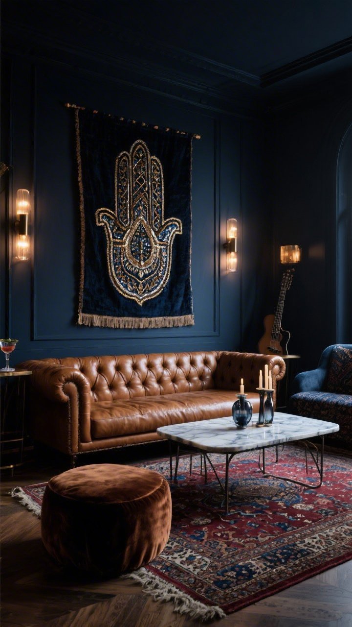 Moody lounge, wide shot from a low angle: deep charcoal/ink blue walls with an oversized Hamsa tapestry featuring metallic threading as the statement piece; picture lights gently washing the tapestry; tufted cognac leather sofa anchoring the scene; Persian-style rug in garnet and navy; marble-and-iron coffee table with smoked glass candles; velvet ottoman nearby; dim, atmospheric lighting ideal for music and cocktails, rich textures emphasized, photorealistic.