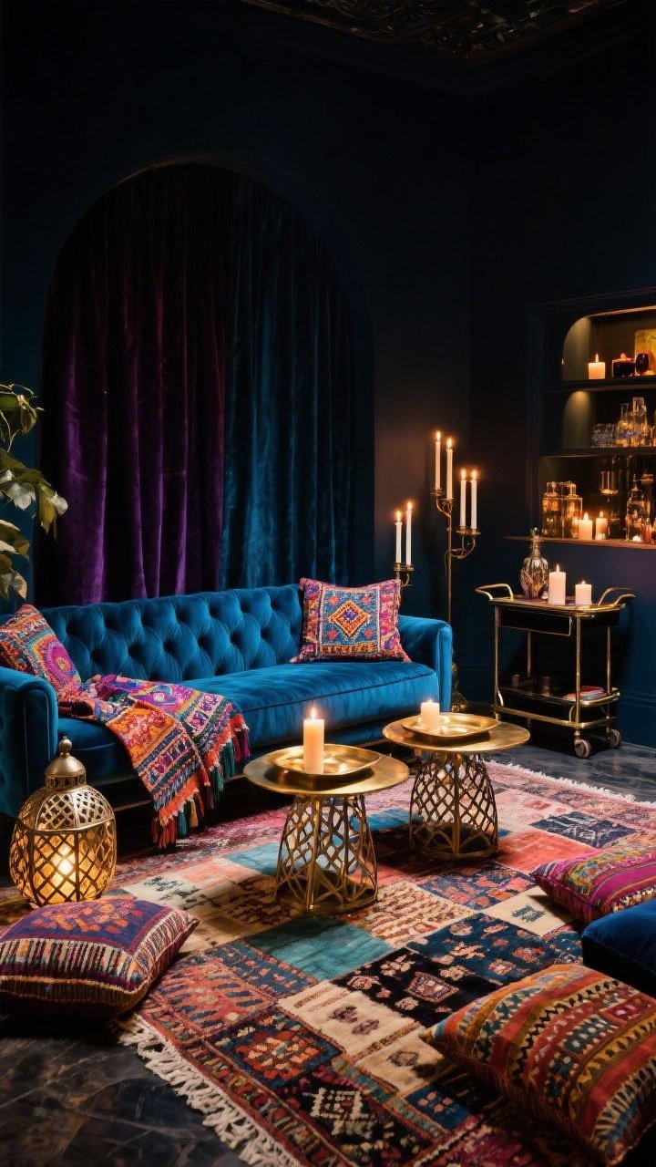 Moody wide lounge: Night Market Lounge Den with an indigo velvet sofa layered with a vibrant Suzani throw, paired brass tray tables in front, floor layered with a patchwork overdyed rug and scattered kilim pillows, pierced-metal lanterns casting patterned shadows, tapered candles aglow, and a lacquered bar cart in the corner; jewel-toned, candlelit ambiance.