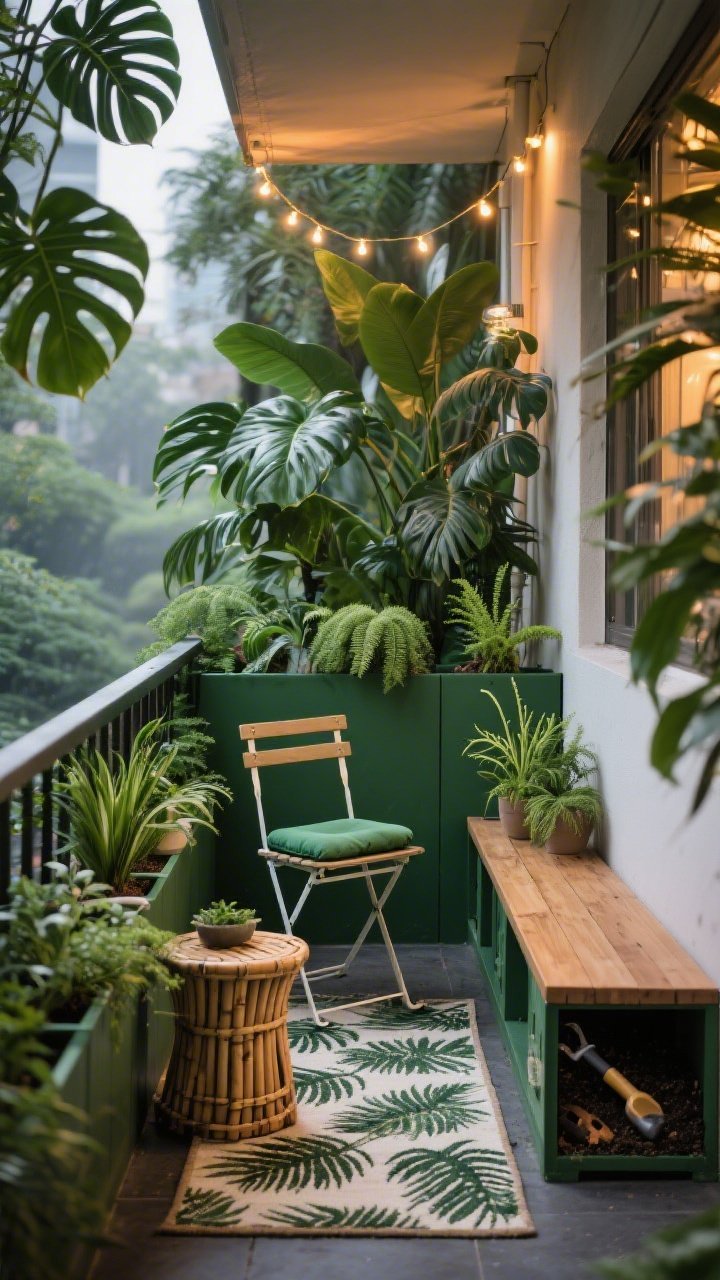 Narrow balcony medium shot, leafy tropical hideaway: deep green planters lining the railing with compact monstera and ZZ plants; asparagus fern for softness; folding bistro chair with emerald cushion; bamboo side table; palm-print outdoor rug; string lights draped overhead casting a warm evening glow; bench with hidden storage partly open showing soil and tools; lush, humid vibe, photorealistic textures.