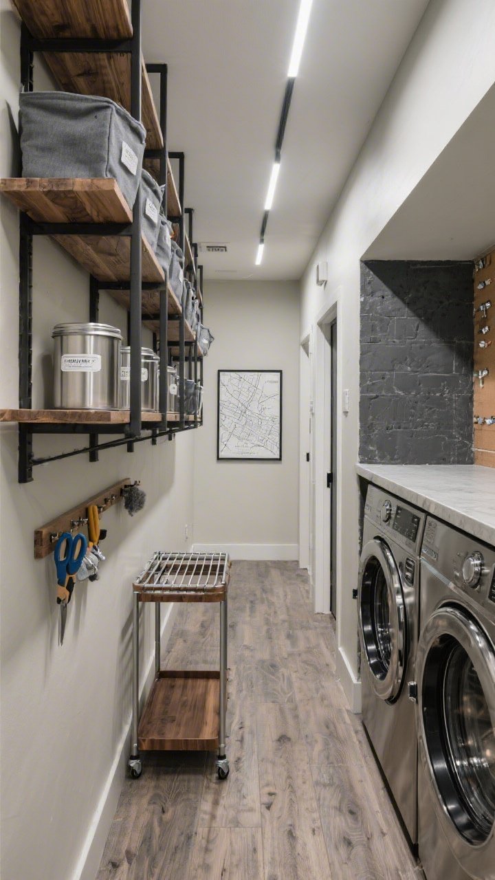 Narrow galley wide shot from entry: Industrial laundry corridor with stainless front-load machines beneath a wall-to-wall concrete-look laminate counter. Ceiling-high black metal shelving with wood planks stocked with gray fabric bins, stainless canisters, and label clips. A magnetic strip on the wall holding lint tools and scissors. Walls in soft greige with one textured charcoal accent wall; weathered oak-look LVP plank flooring. Slim track lights wash the walls and brighten zones. A fold-down walnut drying rack, a narrow rolling caddy between appliances, and a framed black-and-white city map; sleek, tough, efficient.