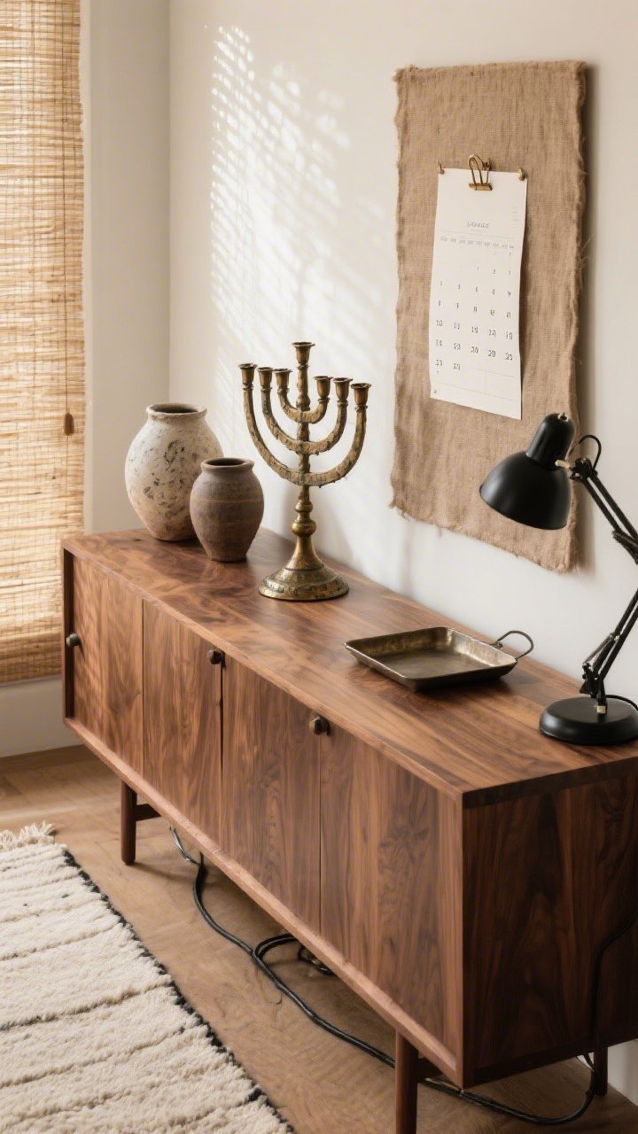 Overhead and slight angle detail shot of an earthy modern office credenza: walnut surfaces with a bronze patina menorah as anchor, flanked by wabi-sabi ceramics and a handmade paper calendar pinned to a flax linen-covered board. Dappled light through woven shades across oiled wood and raw clay textures; cords hidden. Nearby wool runner, black task lamp edge in frame. Palette of walnut, flax, bronze, and inky black; harmonious bronze accents like clips and a small metal tray.