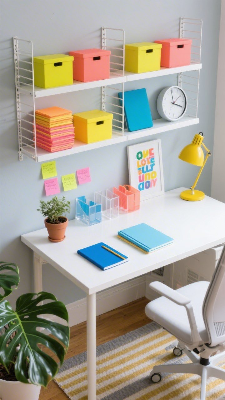 Overhead/angled desk scene in a playful office: white metal grid shelf system mounted above a pale gray desk; shelves filled with color-block storage boxes, stacks of neon post-its, a modern clock; cobalt notebooks, coral planter, yellow desk lamp introducing rhythmic color pops; acrylic file holders and playful typography prints in view, striped rug partially visible below; petite monstera adding sculptural leaves; palette of white, gray, cobalt, coral, lemon; bright, energetic lighting, photorealistic.