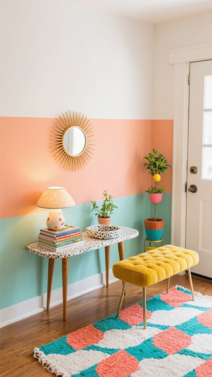 Overhead/angled detail shot of a color-blocked retro entry vignette: half-wall color block painted apricot (or mint) with warm white above, intersecting with a compact mid-century console with tapered legs and rounded corners. On the console, a ceramic mushroom lamp glowing warmly, a stack of vintage travel guides, and a terrazzo catchall. Nearby wall features a circular sunburst mirror. Floor shows a geometric flatweave rug in punchy coral, teal, and ivory. Alongside, a hairpin-leg bench with a tufted sunny yellow cushion, and a colorful planter trio with herbs and a dwarf citrus by the door. Playful, mid-century cheer, bright even lighting.