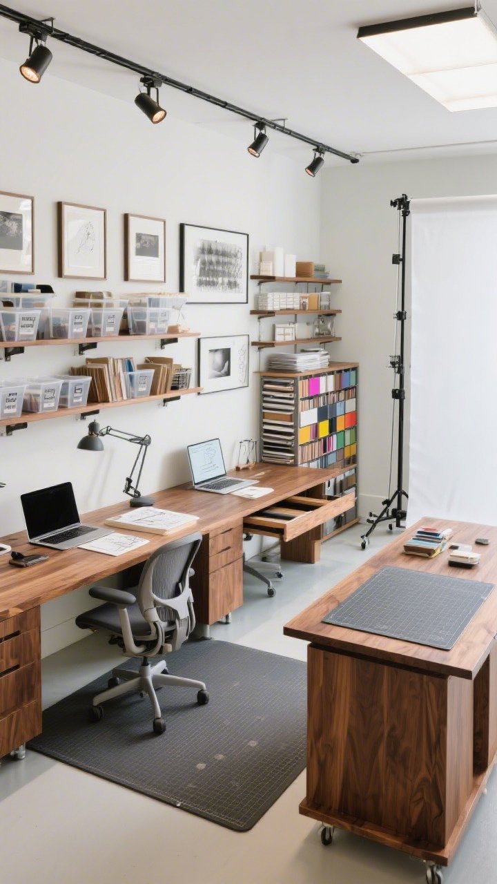 Overhead/angled wide shot of a multi-station creative command center: a walnut corner L-shaped desk set in one zone for laptop work and sketching with a task chair; a separate standing-height island with a large self-healing cutting mat and an anti-fatigue mat on the floor; sliding rail shelves overhead (gallery-wall style) holding adjustable storage and display pieces; a mobile photo backdrop roll system parked to one side; a high-capacity paper storage tower sorting cardstocks by weight and hue; track lighting with adjustable heads aimed at each zone; clear bins labeled by project on a low, under-desk pull-out rail; production-studio efficiency disguised as chic craft room; bright, balanced lighting; photorealistic.