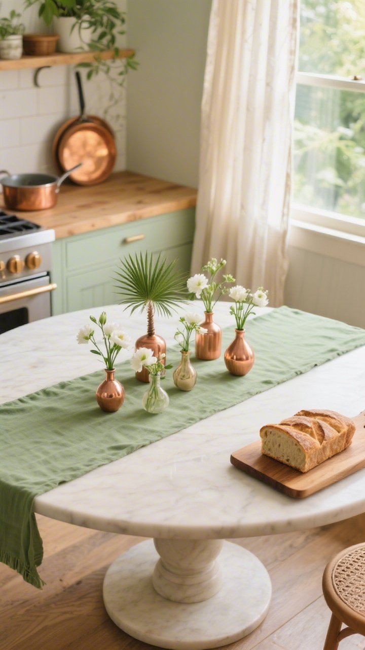 Overhead detail, Botanical Chapel Kitchen Nook tabletop: round pedestal table with soft green table runner; clustered petite bud vases containing short palm clippings and white blooms; warm copper glint from nearby cookware, honey-toned wood accents; sage and cream color accents; a slice of fresh-baked bread on a wooden board at the edge of the frame; soft morning light washing across lightweight linen cafe curtains in the background; clean, fresh, springlike atmosphere.