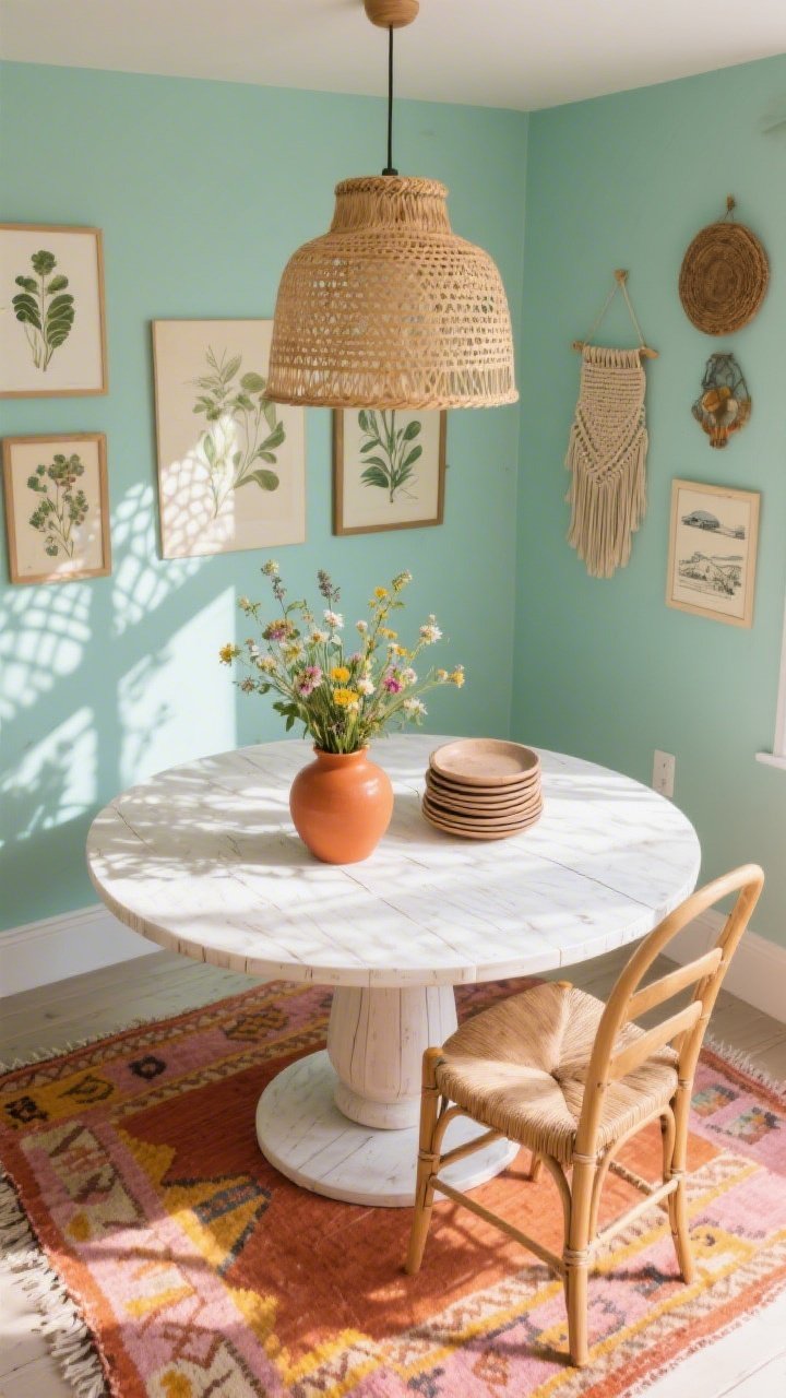 Overhead/detail hybrid shot focusing on a boho dining nook table setting: sunny warm-leaning mint walls as backdrop, round pedestal table in whitewashed wood, cane-back chair edge visible, kilim rug beneath in terracotta, blush, and saffron tones. A woven seagrass pendant above casts a lacy shadow pattern across the tabletop. Style with a terracotta vase of wildflowers and stacked stoneware plates; add glimpses of collected art—botanical prints, travel sketches, and a tiny woven wall hanging—on the wall. Sunlit, playful warmth, photorealistic.