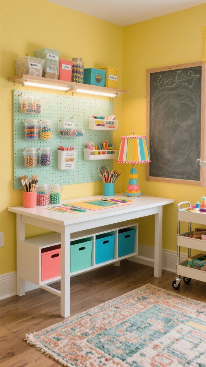 Overhead/detail hybrid shot of craft zone: Kids’ craft room with butter yellow walls as the base, a durable white craft table centered, color-blocked storage bins in coral, mint, and sky blue neatly arranged in cubbies, a simple grid mural and a chalkboard zone in soft gray-green on the wall, pegboards with visible organized supplies, labeled bins and clear jars for beads and brushes, a rolling cart, a low vintage rug anchoring the space; LED task bar lighting over the table plus a cheerful drum shade, playful and tidy, photorealistic.
