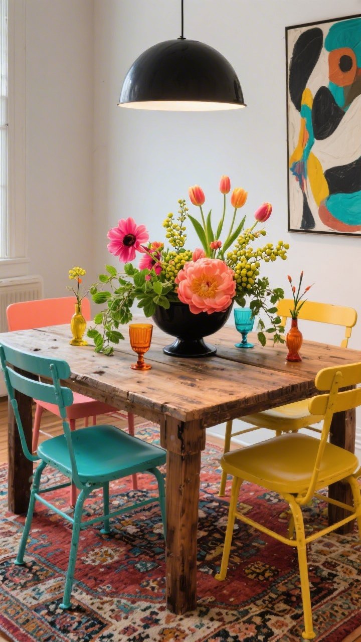 Overhead/detail-leaning medium shot of an Eclectic Artist’s Dining Room table scene: reclaimed wood table with a maximalist centerpiece in a matte black footed bowl—coral peonies, hot pink anemones, parrot tulips, chartreuse viburnum, trailing ivy, and sprigs of mint or basil for scent; mixed painted bistro chairs in coral, teal, and marigold around the table; colored glassware and tiny bud vases with single dramatic stems at each place; glimpse of a vintage Turkish rug and an oversize abstract art piece on the wall, with a black dome pendant above; palette of coral, teal, marigold, black, natural wood; lively, color-forward mood under balanced ambient lighting, photorealistic.