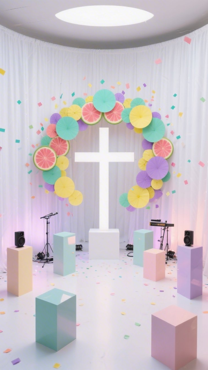 Overhead/detail-leaning wide shot of “Joyful Confetti Revival”: a crisp white cyclorama or draped fabric wall as backdrop. Bold oversized paper confetti discs in sherbet brights—melon, lemon, mint, lilac—clustered into a radiant halo burst behind a centered simple white cross. Geometric pedestals in pastel lacquer (varied heights) are scattered cleanly for musicians/speakers. Lighting uses pastel color washes with a soft chase effect, visible as gentle gradients on the white surface. No people, energetic and inviting, delightfully photogenic, contemporary, photorealistic.
