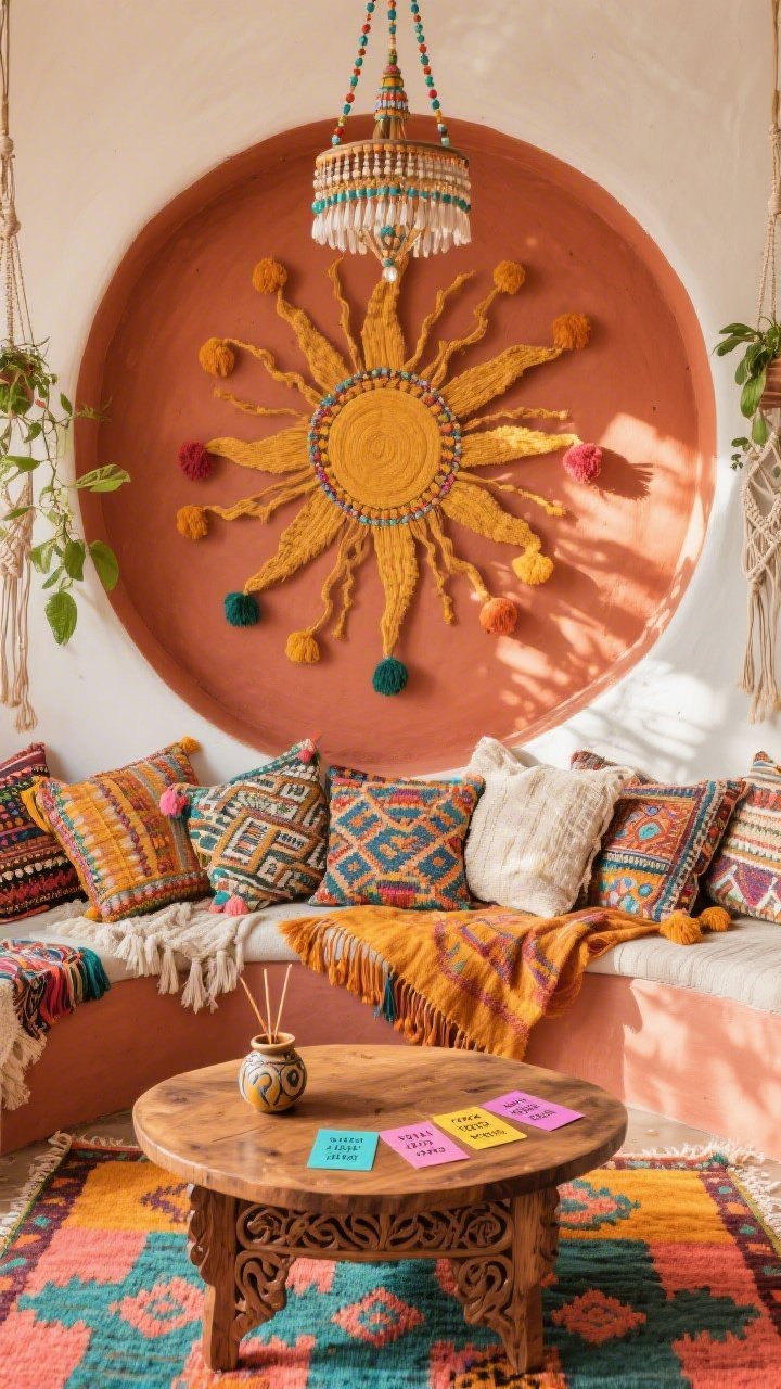 Overhead detail shot: A boho sunburst composition centered on the round window’s terracotta-painted wall with a handwoven sunburst wall hanging radiating around the curve. The bench is layered with pattern-mixed cushions—ikat, block print, tassels, fringe, pom-poms—showing raw silk and cotton slub textures. Below, a kilim rug intertwines saffron, teal, and coral hues. Include the top of a carved mango-wood table with a ceramic incense holder and colorful affirmation cards, plus glimpses of hanging plants in macramé slings. Light from a beaded chandelier scatters playful shadows. Vibrant, joyful palette.