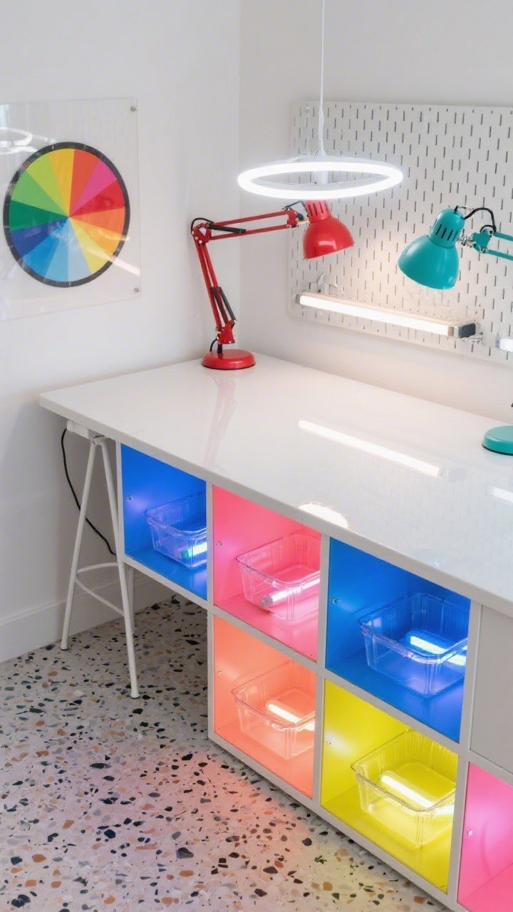 Overhead detail shot: A Color-Pop Creative Lab tabletop and storage composition on white walls with neon-bright open storage cubes in cobalt, coral, and lemon. A glossy white worktable with hairpin legs is partly visible; inside open cubbies, RGBW strip lights create a vibrant color wash. A floating halo-style LED pendant is seen as a luminous ring reflection on the glossy surface. Fire-engine red and teal clamp lamps attach to the table for punchy task zones; a magnetic light bar snaps onto a metal pegboard for precision work. Decor hints: oversized color wheel print edge, clear acrylic bins, speckled terrazzo mat beneath. Electric, modern, photorealistic.