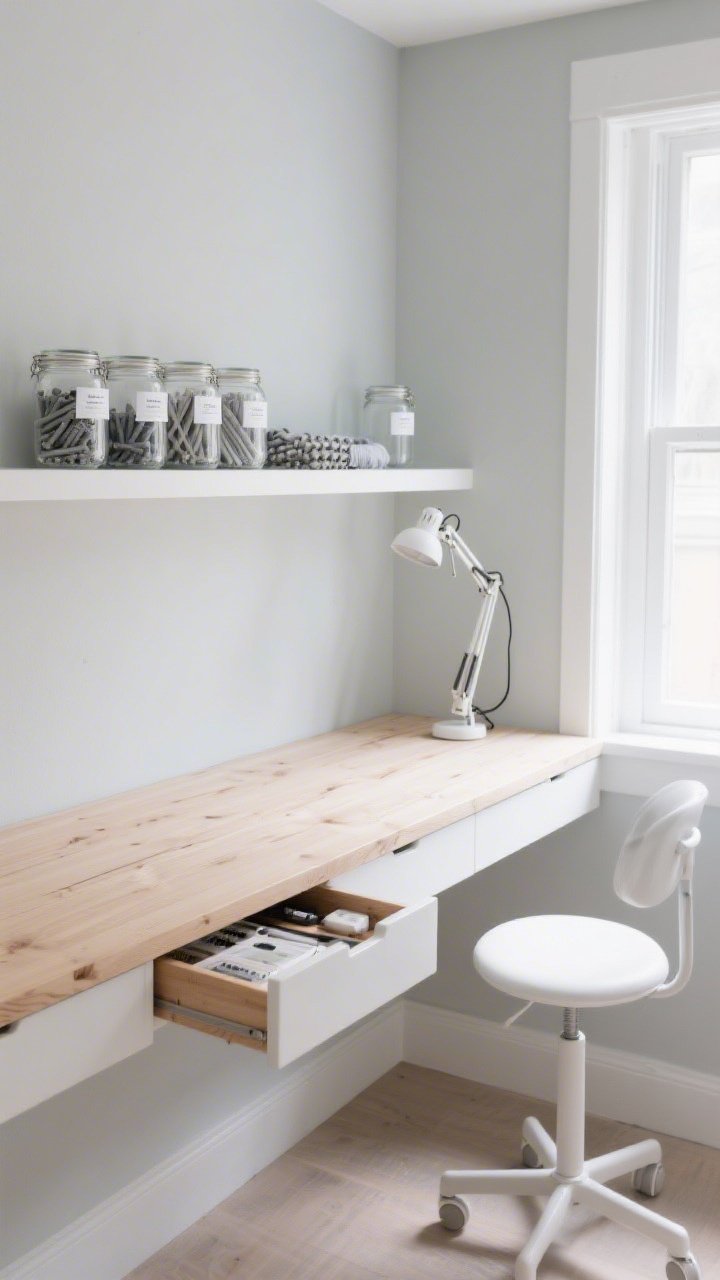 Overhead detail shot: A light-flooded wall-mounted workbar under a window—a wall-to-wall white-washed oak floating desk plank with two slim drawer trays partially open showing neatly arranged essentials; above, a minimal shelf running the length of the wall with clear glass jars bearing uniform white labels and neatly stacked fabric bolts; pale gray backdrop, white swivel stool partially visible, and a compact clip-on task light attached to the workbar; airy palette of pale gray, white oak, and soft white; bright natural window light.