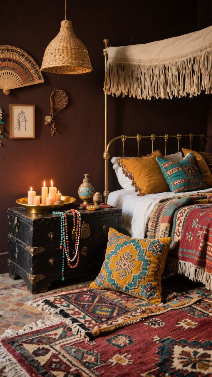 Overhead detail shot: A market mix boho vignette on deep espresso backdrop—layered rugs overlapping (kilim and patterned textiles), suzani and kilim pillows with embroidered throws, and the corner of a simple metal canopy bed draped with a dramatic fringed canopy. Beside it, a brass tray table next to a blackened wood chest holds clustered candles casting warm glow, beaded strands, and small global artifacts. The frame includes part of a rattan pendant’s shadow, woven fans, and tiny framed sketches climbing the wall. Palette: espresso, saffron, teal, oxblood, antique brass. Rich, eclectic, warmly lit.