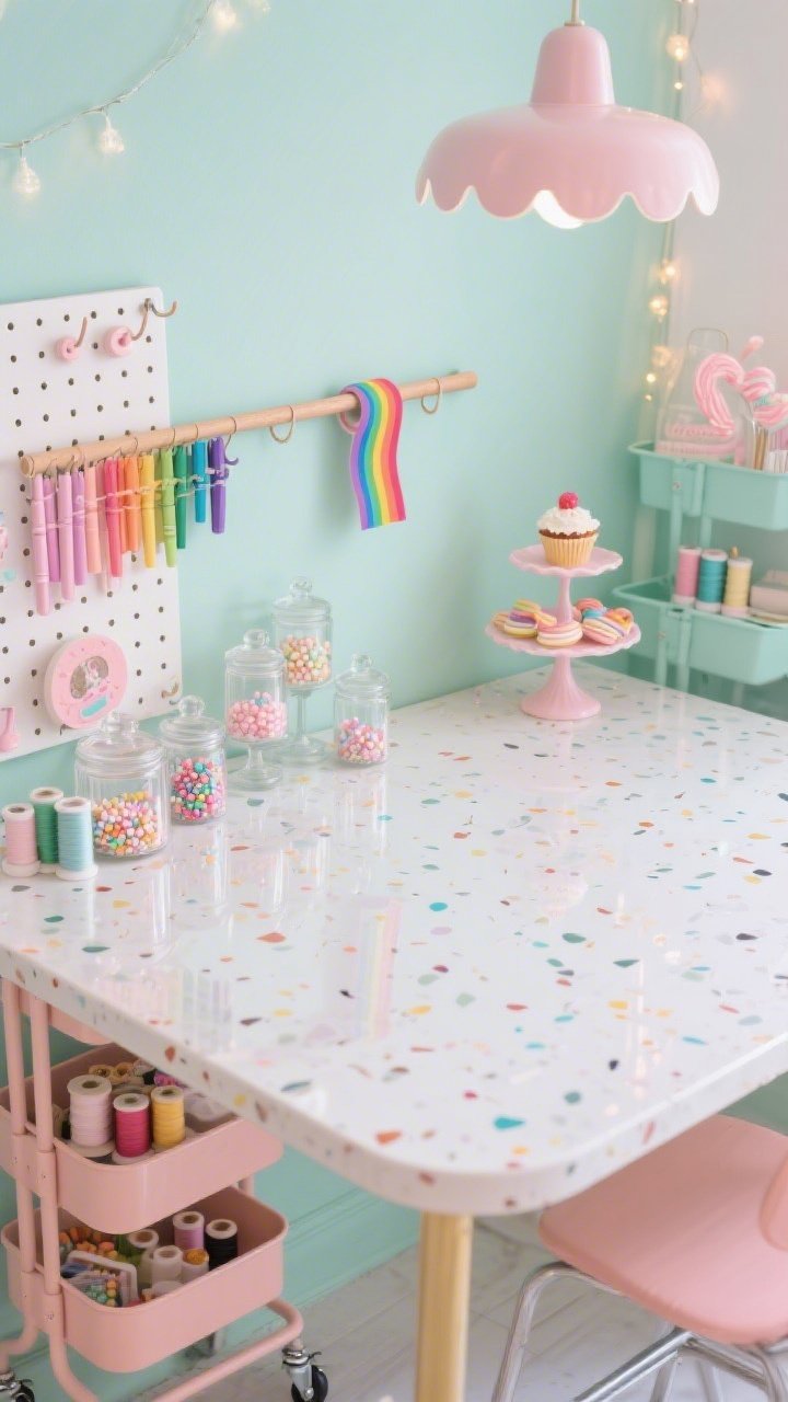 Overhead detail shot: A pastel pop candy workshop tabletop scene on a glossy white worktable with rounded corners and a confetti-speckled terrazzo top; walls in milky mint visible at the edge; tools as decor—rainbow washi tape on a dowel rod, pastel markers arranged in gradient order, a pegboard with candy-colored hooks peeking in; rolling carts in sherbet shades nearby, cupcake stands stacked with thread spools, and clear sprinkle jars filled with beads; scalloped-edge pendant and fairy lights softly reflecting on the surface; playful, photogenic, photorealistic.