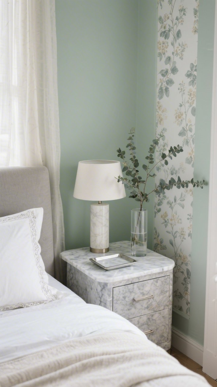 Overhead detail shot: A polished stone bedside styling on a soft stone-colored upholstered bed with ivory bedding; marble-topped nightstand featuring a quartz tray, sleek alabaster lamp, and a clear cylinder vase with eucalyptus stems; pale green walls with gray undertones visible in the background; hint of minimal floral wallpaper pattern on an adjacent surface edge, kept delicate and restrained; light voile curtains diffusing gentle daylight; embroidered edge shams and a cotton blanket texture clearly visible; finishes in marble, alabaster, and soft nickel; crisp, restorative mood, photorealistic.