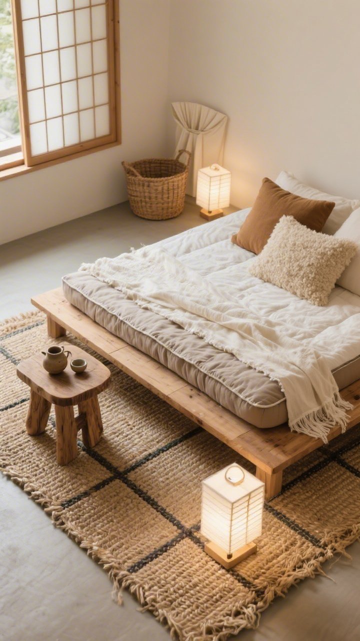Overhead detail shot: A tatami-inspired modular rug covering the floor, showing woven straw-like texture in modern, durable material. Centered is a futon-style mattress on a natural wood platform with layered textures: raw-edge linen duvet, cotton gauze blanket, and nubby bouclé cushions in tan and cream. Beside the bed, a raw pine stool side table holding a hand-thrown tea set. Nearby, tiny floor lanterns with washi shades casting warm white light. A glimpse of a folded shoji screen and a woven wall basket at the edge of frame. Calm, meditative, photorealistic.