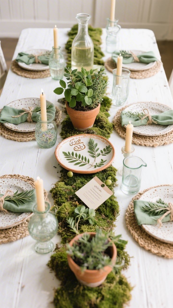 Overhead detail shot: A white farmhouse table with moss runners scattered down the center, nestled potted herbs—thyme, mint, sage—between mismatched glass candlesticks with taper candles. Speckled stoneware plates paired with sage-green napkins tied with twine and a tiny olive branch. Recycled-glass pitchers for water and a glass carafe for wine. A hand-thrown ceramic Seder plate with leafy impressions anchored among herb place markers, pressed-flower menus, and woven seagrass placemats. Soft natural daylight, fresh and verdant mood. Palette: white, sage, fern, soft terracotta. Materials: stoneware, glass, terracotta, organic cotton.