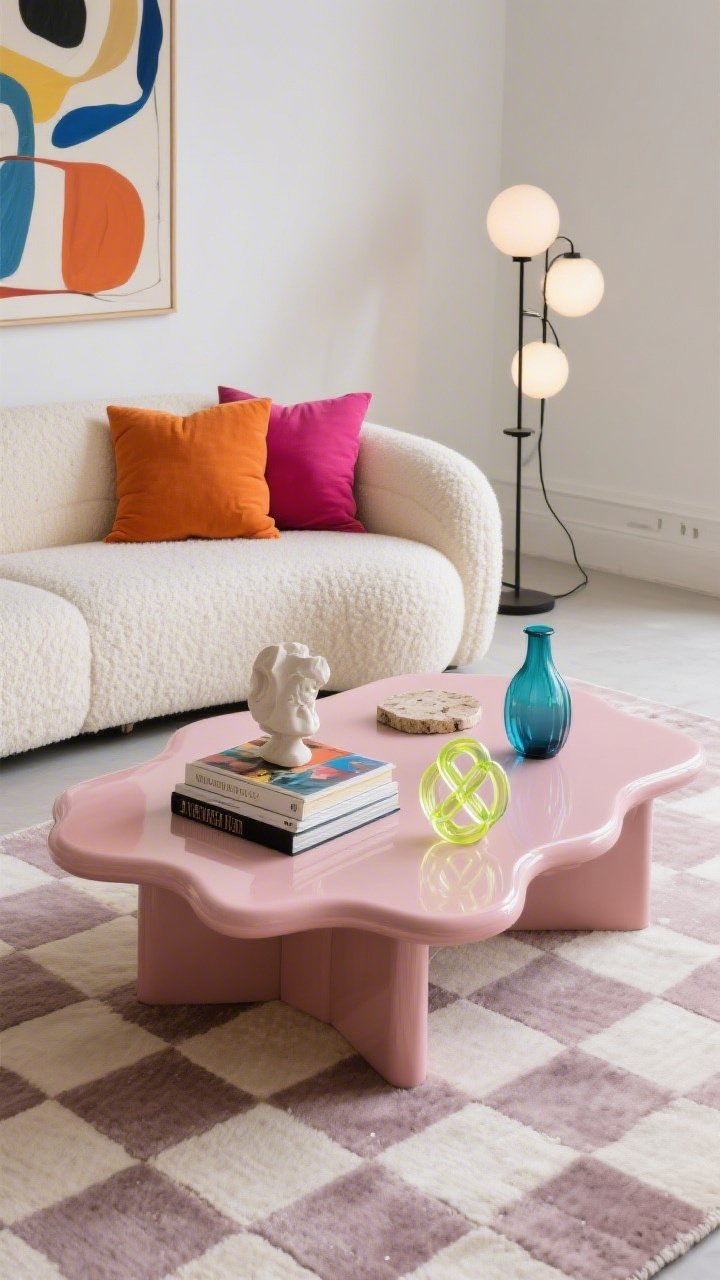 Overhead detail shot: Artsy boho coffee table styling on a muted checkerboard rug—dusty pink lacquered coffee table holding chunky art books and a neon glass knot; edges of a cream curved boucle sofa with color-blocked pillows in tangerine, fuchsia, and cobalt peeking into frame; oversized abstract art leaning against the wall partially visible; materials showcased: plaster objet, small travertine coaster, colored glass vase; sculptural floor lamp with globe bulbs casting soft highlights; studio vibe, photorealistic.