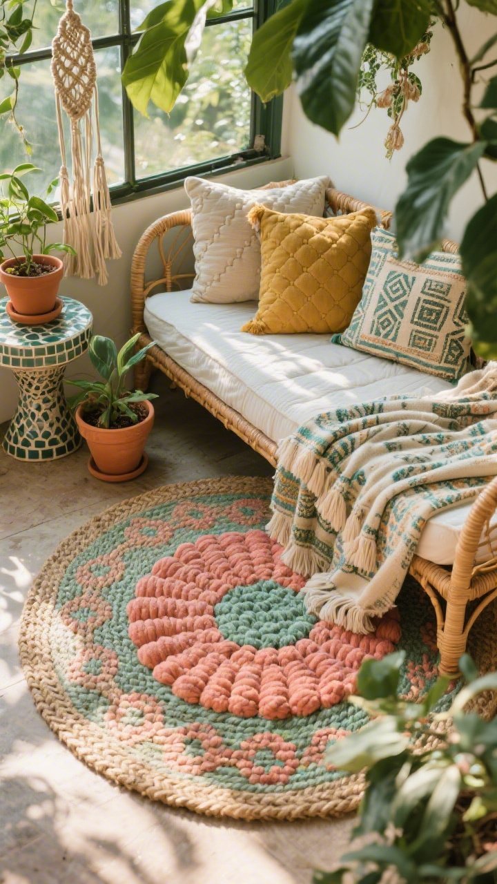 Overhead detail shot, Boho Greenhouse Nook in dappled sunlight: round braided jute rug as the base with a colorful tufted accent rug slightly off-center showing coral and sage motifs; edge of a rattan daybed with thick cotton mattress visible; mix of pillows with block prints, tufted textures, and tassels; a lightweight patterned kantha throw and a fleece-lined cotton throw layered; nearby terracotta pots, macramé plant hanger cords, and a mosaic side table corner; palette of sage, coral, mustard, natural rattan; lush leafy greens partially framing; photorealistic, no people.