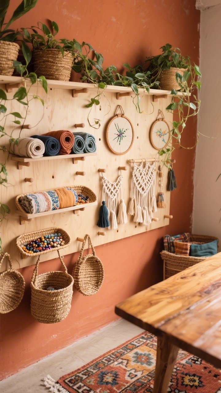 Overhead detail shot, Boho Textile Haven: natural plywood pegboard against a terracotta wall, arranged with dowels holding rolled fabrics, peg-mounted embroidery hoops, shallow woven trays filled with beads and tassels; rattan baskets and macramé hangers adding layered texture; trailing plants spilling from the top peg shelf into frame; a corner of a mango-wood table and kilim rug pattern visible below; warm, laid-back, tactile ambiance; photorealistic, soft diffuse daylight.