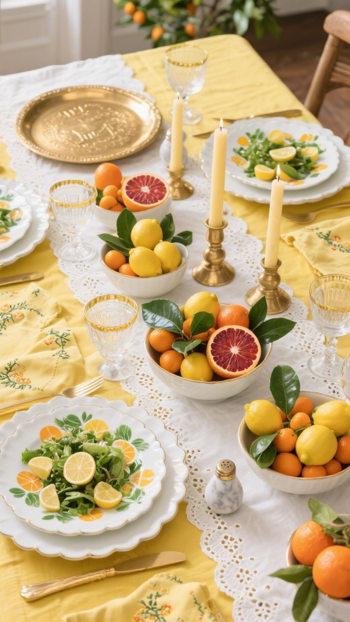 Overhead detail shot: Citrus orchard chic centerpiece and place settings. Buttery yellow linen cloth with a white eyelet runner. White scalloped dinner plates topped with citrus-printed salad plates. Clusters of bowls filled with lemons, kumquats, and blood oranges, glossy bay leaves tucked in. A warm brass Seder plate among the fruit. Gold-rimmed stemware catching light, citrus-embroidered napkins, marble salt cellars, candleholders in mixed heights with citrus-scented beeswax tapers. Palette of lemon, tangerine, leaf green, and warm brass. Soft, sunny daylight, photorealistic.