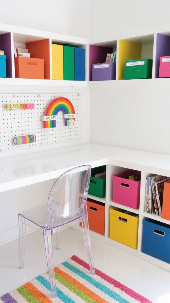 Overhead detail shot, Color-Coordinated Rainbow Room: flat-lay view of a glossy white waterfall desk corner with a rainbow pegboard section visible along the edge; below, the tops of floor-to-ceiling cube shelving columns each assigned a ROYGBIV hue, filled with matching colored bins, boxes, magazine files, and a rainbow washi tape rack; slim label tape on bin lips; a clear acrylic chair tucked under the desk and a striped rug peeking from below; bright gallery-white backdrop, even daylight, clean and vibrant; photorealistic.