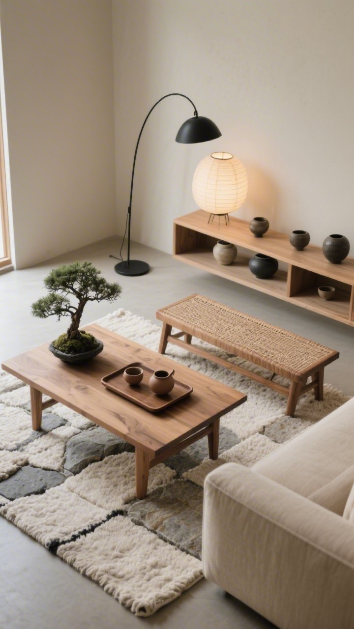 Overhead detail shot, Cozy Japandi Retreat: a simple ash wood coffee table vignette with a clay tea set on a tray, adjacent to a woven bench; beneath, a nubby cotton rug in putty and stone tones. Nearby, low shelving with curated ceramics and a single bonsai for calm focus. Edge of a boxy stone-beige sofa visible; soft layered lighting from akari-style paper lamps and a slender black floor lamp arching gently (lamp arc partially in frame). Palette: putty, stone, ash, charcoal. Materials: ash wood, cotton, paper, ceramic. Photorealistic, serene minimalism.