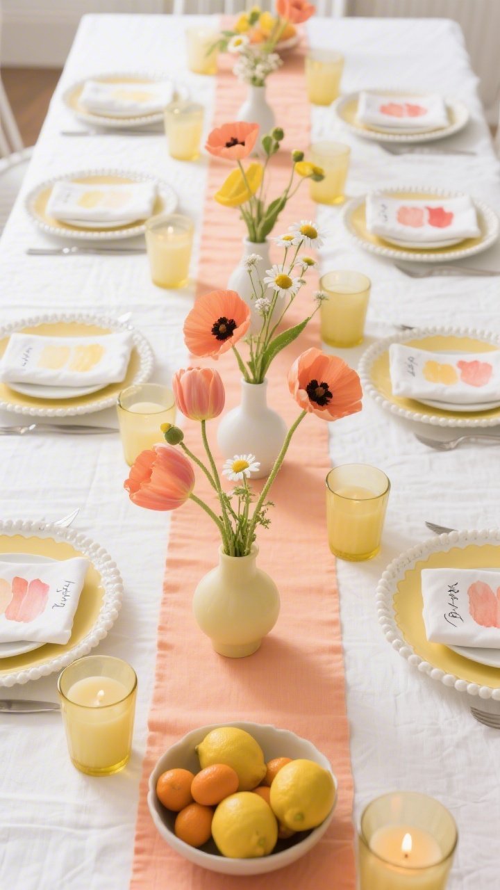Overhead detail shot, crisp daylight: A white piqué cloth with a cantaloupe-hued runner centered. Color-blocked bud vases marching down the middle, each holding poppies, tulips, and Icelandic daisies in coral, apricot, and lemon. Pale yellow dinner plates on white beaded chargers, white cotton napkins with a scalloped coral edge, citrus-tinted tumblers in lemon and grapefruit shades. Handwritten place cards on watercolor swatches in sorbet tones at each setting. A bowl of fresh lemons and kumquats and squat pillar candles in frosted glass creating a soft sunrise glow.