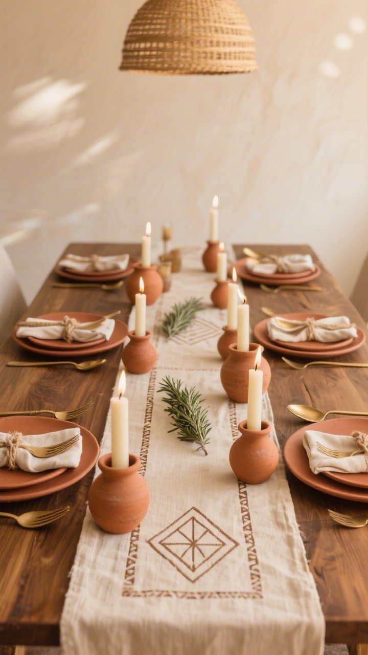 Overhead detail shot: “Desert Sanctuary Dining Room” centerpiece on a mango wood table—DIY linen runner stamped with geometric sacred motifs, low clay vessels interspersed with pillar candles, terracotta plates set with brushed gold flatware, linen napkins tied with twine and a single rosemary sprig; warm sand/ecru wall tone in background blur, soft, dappled pendant light from a woven dome fixture hinting above.