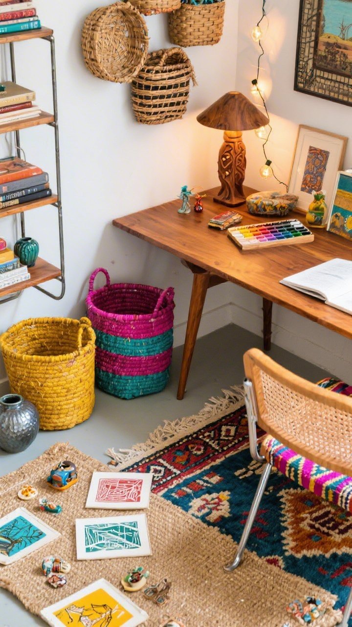 Overhead detail shot, Eclectic Market Mix desktop and floor vignette: teak mid-century desk corner with colorful baskets tucked beside an open metal bookcase leg; bold-print kilim chair edge visible; layered rugs—large jute base with a smaller punchy Moroccan rug on top; scattered hand-printed block art prints, tiny travel trinkets, and a woven wall basket cluster partially in frame; carved wood table lamp glow and casual string lights draped nearby; palette saffron, fuchsia, teal, marigold, indigo; textures of kilim, cane, hammered metal, glazed pottery; vibrant, collected feel; no people, photorealistic.
