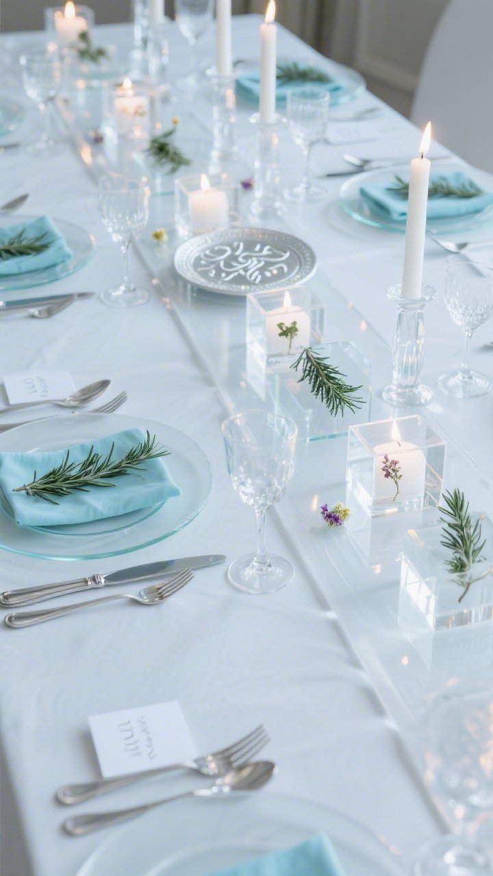 Overhead detail shot emphasizing lucite glow: clear acrylic runner down the center, glass chargers under translucent frosted plates for a floating effect, soft sea-glass blue napkins beside sleek chrome flatware, and crystal coupe glasses catching light. A row of acrylic blocks displays sprigs of rosemary, fern fronds, and pressed tiny flowers. Lucite Seder plate with etched symbols subtly illuminated by concealed LED tea lights. Clear candlesticks with white tapers create a barely-there glow; place cards in mini acrylic frames with white ink. Ethereal, light-filled, high-design; no people; photorealistic.