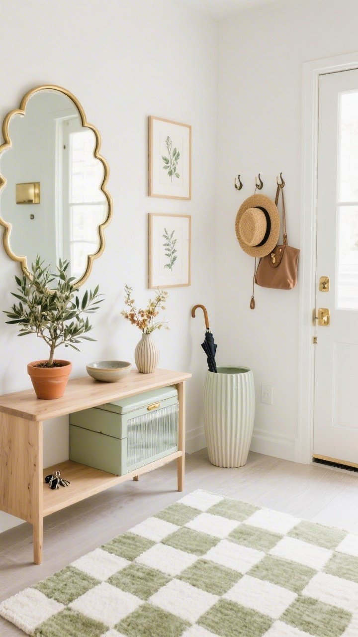 Overhead detail shot, Fresh-Faced Entryway: checkerboard rug in ivory and sage anchoring a light oak slim console table; scalloped-edge mirror partially visible at the top edge; brushed gold accents glinting; ceramic umbrella stand by a lidded storage bench; fluted glass flush mount glow reflected on surfaces; terracotta pot with a faux olive tree beside the console; shallow bowl for keys, and a petite reeded vase with seasonal stems; trio of botanical sketches aligned on the wall; wall hooks holding straw hats and a bag at frame edge; palette of soft white, light oak, sage, brushed gold; clean, bright natural light; photorealistic.