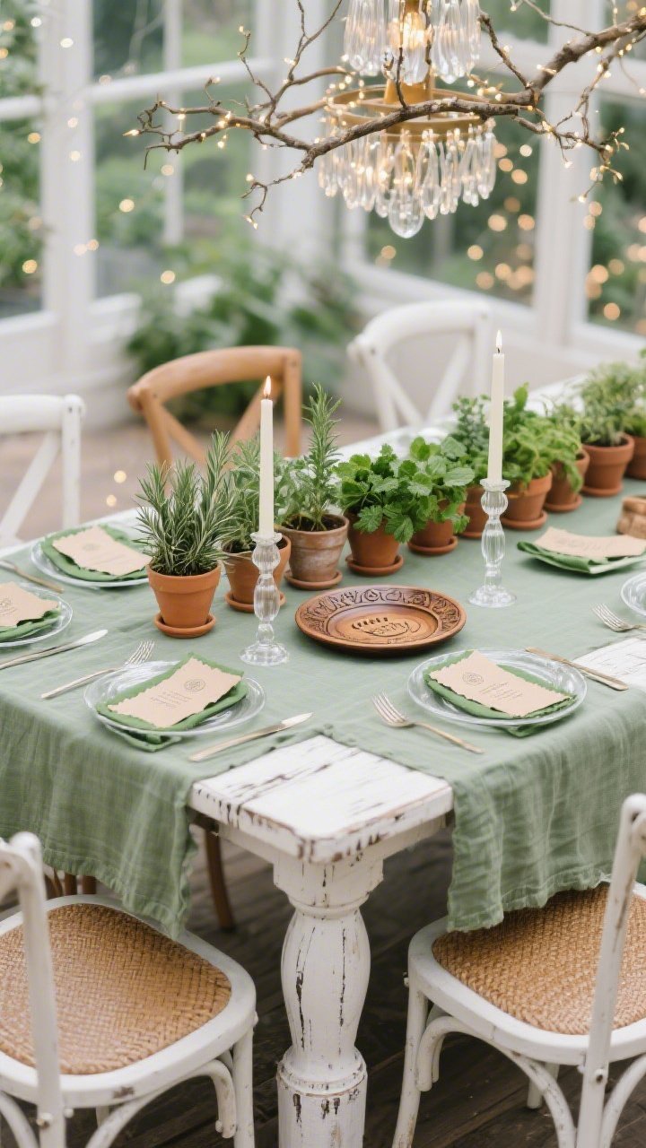Overhead detail shot, Garden Seder Atrium: a sage linen tablecloth on a whitewashed pedestal table, mix-and-match cane and white metal chair edges visible; a row of potted herbs—rosemary, parsley, mint—arranged as a living centerpiece; clear glass plates set over handmade paper place cards with green deckled edges; a hand-carved olive wood seder plate centered; tall slender glass candlesticks flanking the arrangement; soft greenhouse feel with sage green, soft white, and weathered terracotta accents; micro fairy lights woven through a branch chandelier glimmering above, photorealistic.