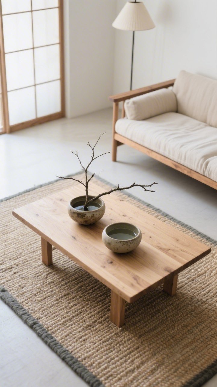 Overhead detail shot, Japandi Spring Sanctuary coffee table and rug: light ash wood coffee table with rounded ceramic bowls, wabi-sabi pottery, a single branch in water; jute or tatami-style rug texture clearly visible beneath; hints of warm white walls and sand-colored linen from a low wood-framed sofa at frame edge; soft, diffused light as if from a shoji-inspired divider or rice-paper lamp; palette of warm white, sand, ash wood, charcoal, sage-gray; calm, crafted, minimal composition.
