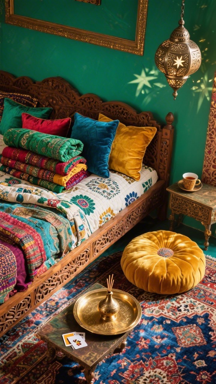 Overhead detail shot, Jewel-Tone Bazaar layering: carved wood bed edge with emerald-painted wall peeking at top of frame; stack of block-printed quilts and kantha throws in emerald, ruby, sapphire, and saffron; velvet pillows in jewel tones; corner of an overdyed Persian rug in sapphire and ruby; brass tray with incense burner reflecting warm light; Moroccan pierced-metal pendant casting starry shadow patterns across textiles; saffron floor cushion and a low tea table with cards and a chai cup at the frame edge; rich, opulent, photorealistic.