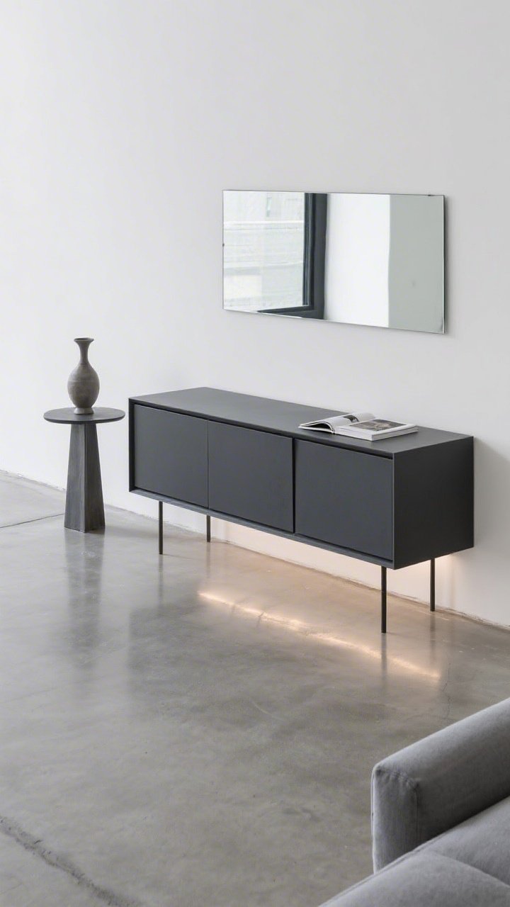 Overhead detail shot, Minimalist gallery: polished concrete floor with a soft graphite tone, the crisp edge of a matte charcoal parlor cabinet with razor-thin shadow gaps; on a nearby pedestal side table sits a single sculptural vase, and an open monograph on the cabinet shelf below; hidden LED strip creates a floating effect along the cabinet base; track lighting pools light precisely on the cabinet; reflections from a frameless low mirror and the edge of a slim-profile cool gray sectional visible at frame edge; palette of white, charcoal, raw concrete, soft graphite; pristine, gallery-like clarity, photorealistic.