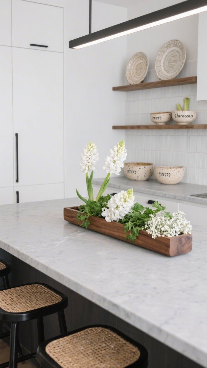 Overhead detail shot: Modern minimalist kitchen island in dove-gray quartz with a narrow, pass-through floral centerpiece—white hyacinths, parsley, and airy baby’s breath arranged in a simple oak trough; background hints of matte white cabinetry with slim black hardware and vertical pearl-white zellige tile backsplash; floating shelves neatly displaying hand-thrown speckled-cream seder plates with labeled ceramic bowls for maror, charoset, and karpas; stools of black metal with natural woven seats at the edge; crisp, elevated look under slimline LED lighting.