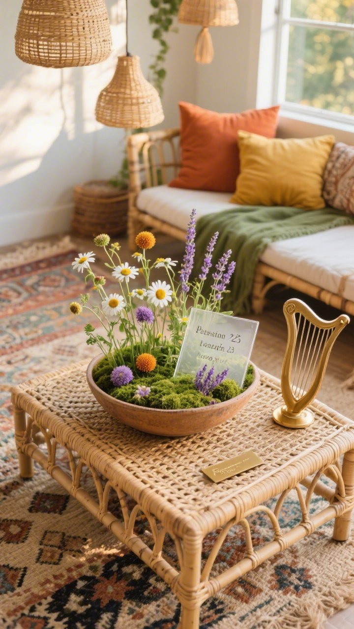 Overhead detail shot of a boho sunroom coffee table vignette: low rattan table holding a wildflower meadow-in-a-bowl—shallow ceramic vessel with moss, billy buttons, daisies, and dried lavender; a delicate acrylic Psalm 23 scripture plaque tucked among stems; a small harp-shaped brass bookmark nearby. Background hints of layered rugs (kilim over jute) and bamboo daybed cushions in terracotta, mustard, and moss. Soft natural sunlight with gentle evening-ready warmth from hanging rattan pendants. Breezy, prayerful vibe, no people.