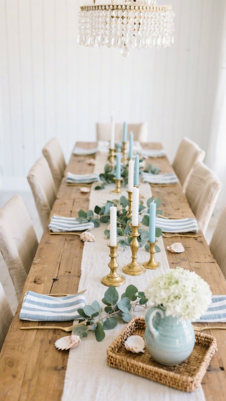 Overhead detail shot of a coastal dining runnerscape on a long oak farmhouse table: slipcovered linen chairs in sand peeking at edges, soft white walls in background blur. Down the table center, layered gold candlesticks in alternating heights tucked among eucalyptus branches and scattered seashells; tapers in white and pale-blue for a soft coastal hue. Rattan tray with striped napkins and a ceramic pitcher of hydrangeas nearby. Beaded chandelier above casting soft, diffuse daylight. Palette: white, sand, sea-glass blue, warm gold. Mix of matte and polished gold finishes for effortless feel.