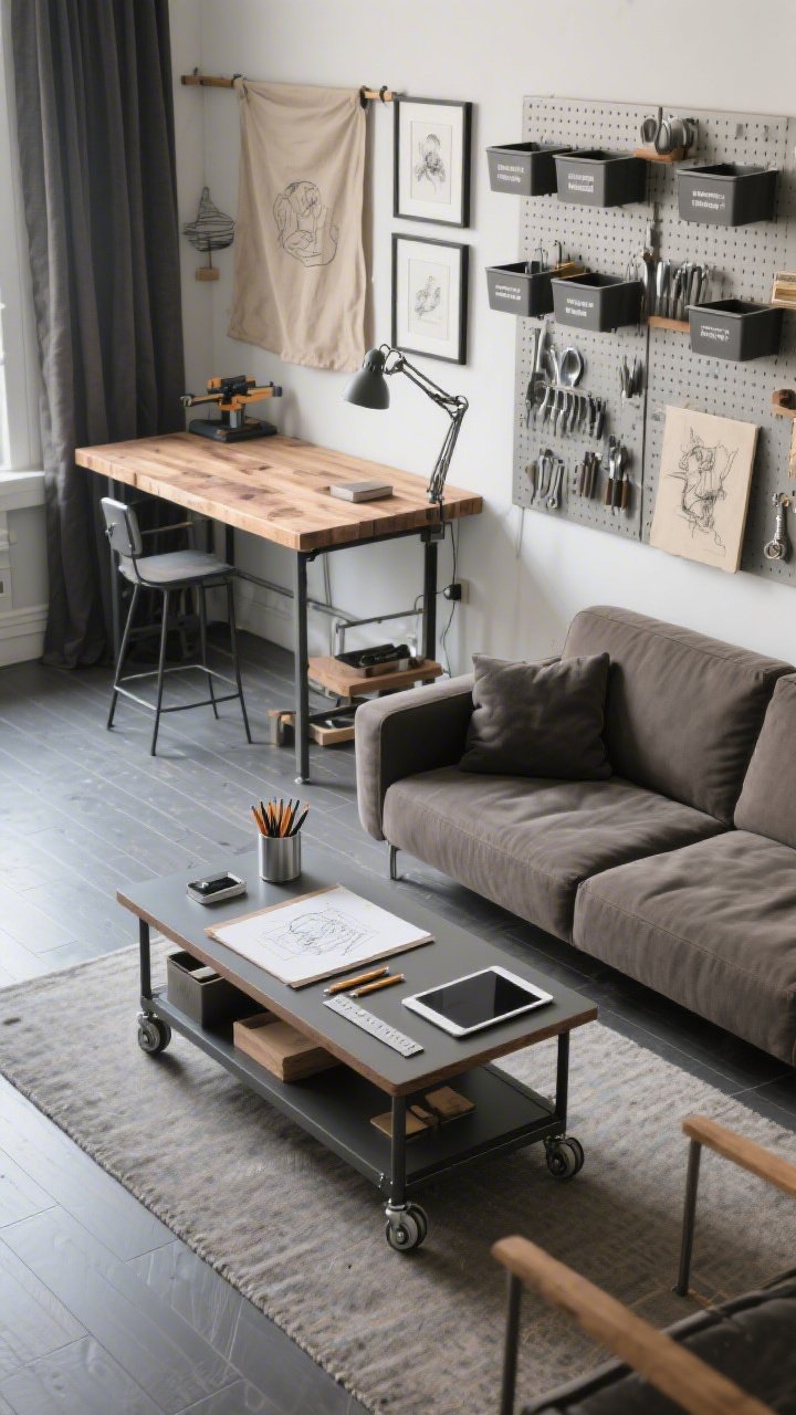 Overhead detail shot of a contemporary artisan workshop-living hybrid coffee table workstation. A rolling coffee table on casters serves as a mobile workspace with sketch pads, pencils, a small steel ruler, and a tablet. Nearby, a compact apartment sofa in ink/putty tones. Along the edge of the frame, modular pegboards and open shelving with labeled bins, magnetic strips holding metal tools, and framed sketches. Include a glimpse of a standing-height workbench with butcher-block top and a clamp-on task light, plus a gallery rail with rotating artwork and a canvas drop cloth as a curtain. Flooring: durable vinyl plank with a graphite washable runner. Practical, creative, photorealistic.
