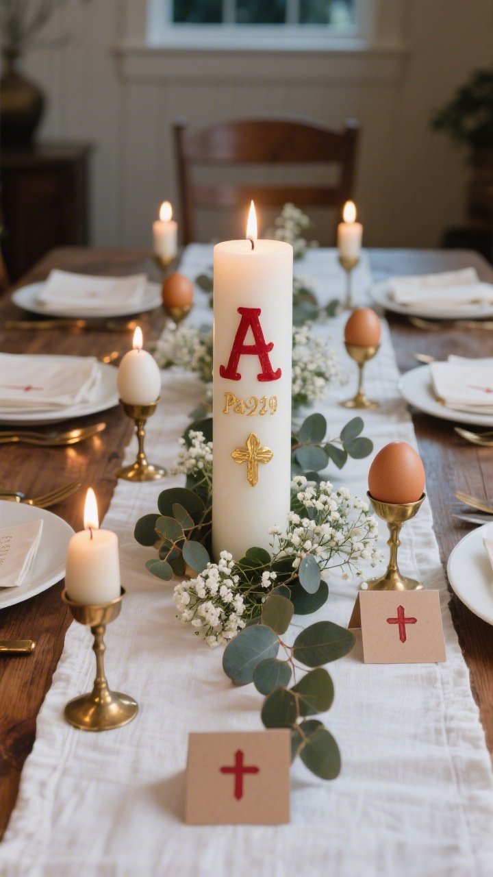 Overhead detail shot of a dining tablescape on crisp white linen: a tall handmade Paschal-inspired pillar candle (white, red Alpha and Omega, current year in gold wax paint) centered among eucalyptus and baby’s breath. Beeswax tapers in brushed brass holders, gilded eggs nestled between stems, and clay place cards stamped with tiny crosses at each setting on a linen runner over an oak table. Soft evening glow with candlelight reflections, subtle crimson accents, elegant church-meets-chic mood, photorealistic.