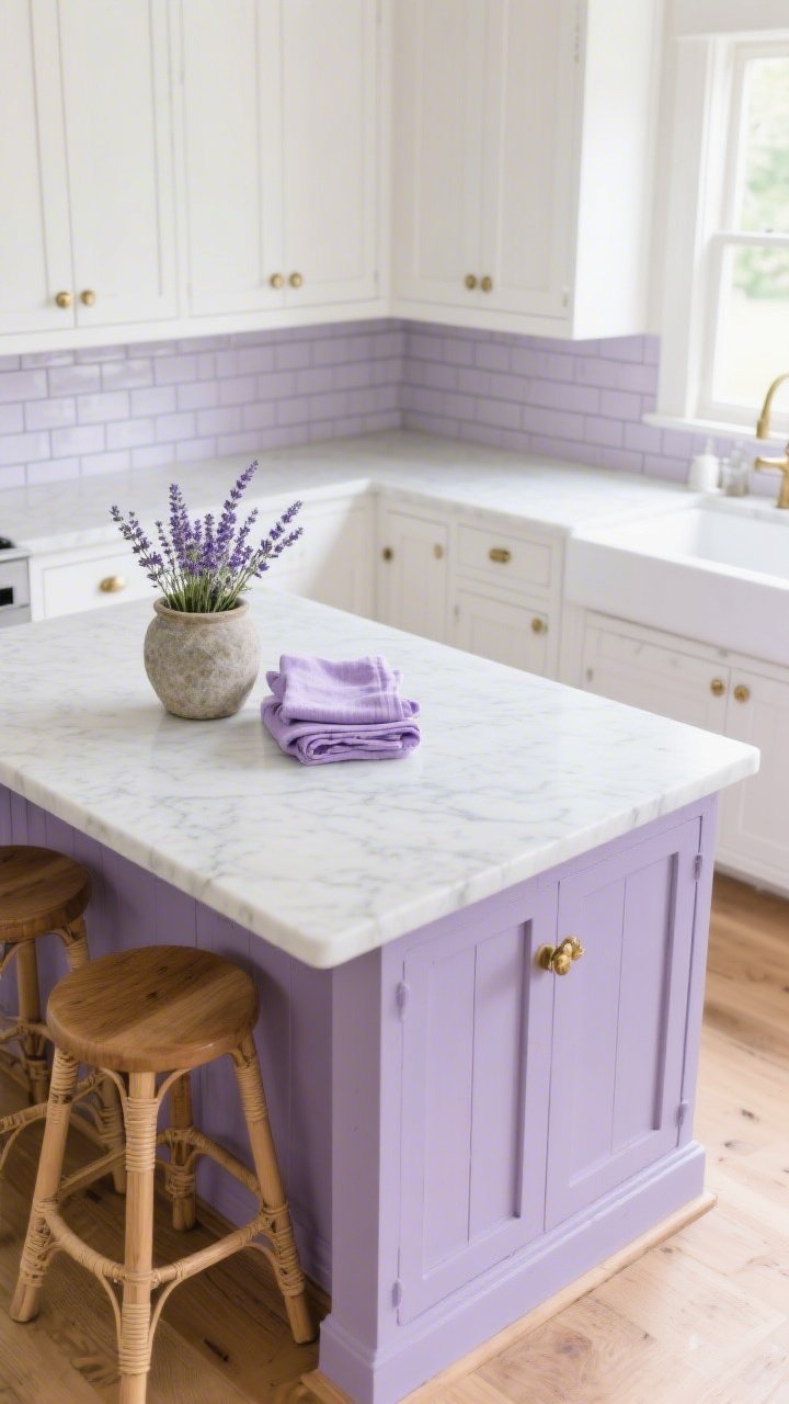 Overhead detail shot of a fresh farmhouse kitchen island painted lavender topped with honed white quartz, unlacquered brass hardware catching soft daylight; surrounding context hints of soft white Shaker cabinets, white subway backsplash with lavender-gray grout, light oak floors; slim-profile cane-and-oak stools tucked in; styled with a stone crock holding lavender sprigs and folded lilac linen tea towels; bright, clean spring atmosphere, photorealistic.